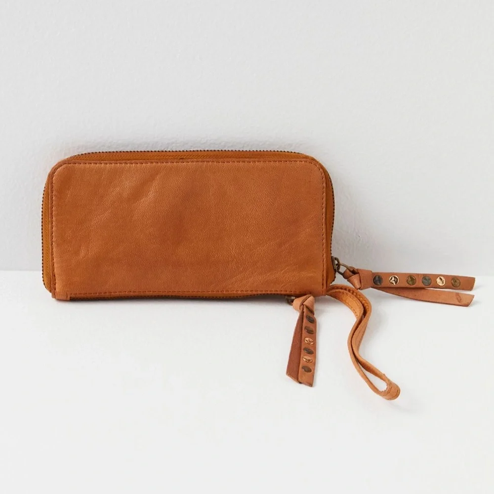 NWT Free People Distressed Wallet Wristlet Faux-Leather Brown Slim Studs Vegan